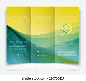 Vector modern tri-fold brochure design template with yellow and turquoise smooth colorful background