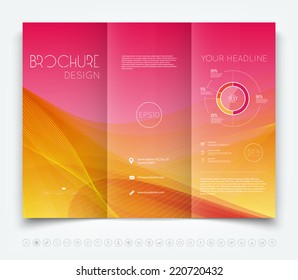 Vector modern tri-fold brochure design template with pink and orange smooth colorful background