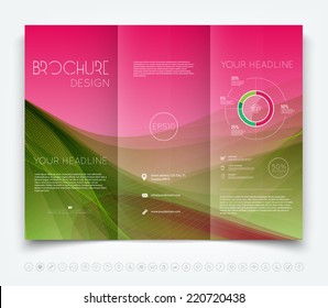 Vector modern tri-fold brochure design template with pink and green smooth colorful background