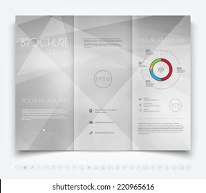 Vector modern tri-fold brochure design template with gray geometric background