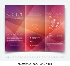 Vector modern tri-fold brochure design template with purple geometric background
