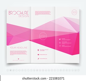 Vector modern tri-fold brochure design template with pink polygonal background