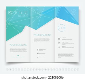 Vector modern tri-fold brochure design template with blue polygonal background