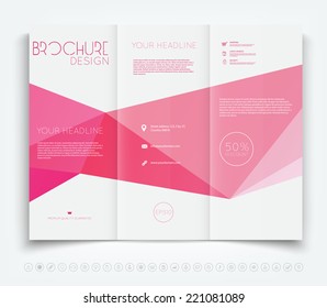 Vector modern tri-fold brochure design template with pink polygonal background