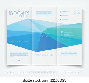 Vector modern tri-fold brochure design template with blue polygonal background