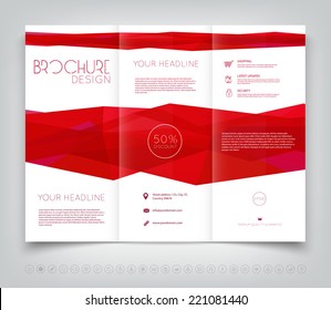 Vector modern tri-fold brochure design template with bright red  polygonal background