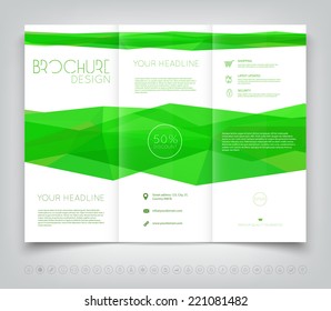 Vector modern tri-fold brochure design template with bright green polygonal background