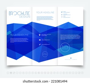 Vector modern tri-fold brochure design template with bright blue polygonal background