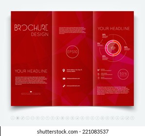 Vector modern tri-fold brochure design template with bright red polygonal background