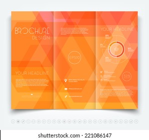 Vector modern tri-fold brochure design template with colorful orange geometric background