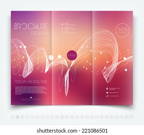 Vector modern tri-fold brochure design template with smooth unfocused bokeh background and a dynamic wave