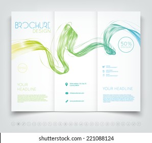 Vector modern tri-fold brochure design template with colorful dynamic wave background