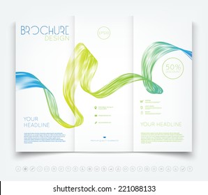 Vector modern tri-fold brochure design template with colorful dynamic wave background