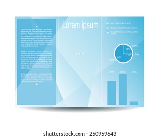 Vector modern tri-fold brochure design template with light blue polygonal background. Design for your content. Can be used as flyer, cover, business cards, envelope, and brochure background.