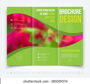 Vector modern tri-fold brochure design template with blurred defocused floral theme