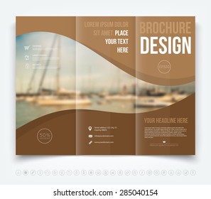 Vector modern tri-fold brochure design template with blurred defocused sailboats on the background