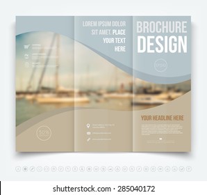 Vector modern tri-fold brochure design template with blurred defocused sailboats on the background