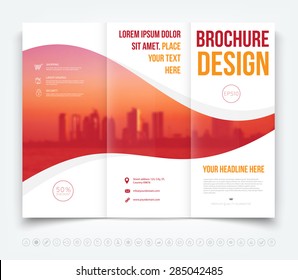 Vector modern tri-fold brochure design template with a blurred defocused city in the background