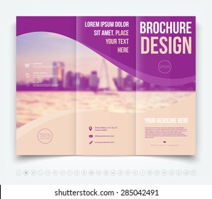 Vector modern tri-fold brochure design template with a blurred defocused city in the background