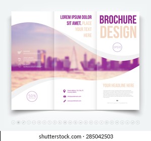 Vector modern tri-fold brochure design template with a blurred defocused city in the background