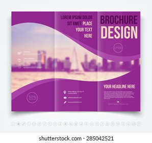 Vector modern tri-fold brochure design template with a blurred defocused city in the background