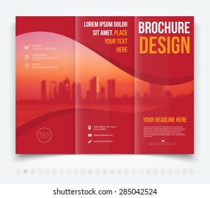 Vector modern tri-fold brochure design template with a blurred defocused city in the background