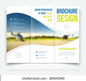 Vector modern tri-fold brochure design template with blurred defocused helicopters on the background