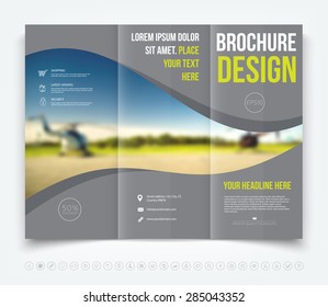 Vector modern tri-fold brochure design template with blurred defocused helicopters on the background