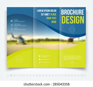 Vector modern tri-fold brochure design template with blurred defocused helicopters on the background