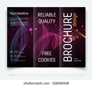 Vector modern tri-fold brochure design template with colorful dynamic freehand swirl on dark background