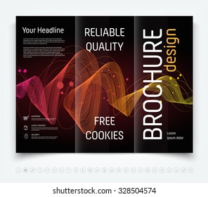 Vector modern tri-fold brochure design template with colorful dynamic freehand swirl on dark background