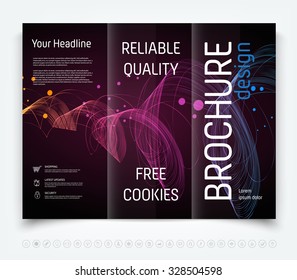 Vector modern tri-fold brochure design template with colorful dynamic freehand swirl on dark background