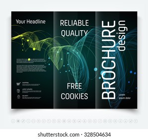 Vector modern tri-fold brochure design template with colorful dynamic freehand swirl on dark background