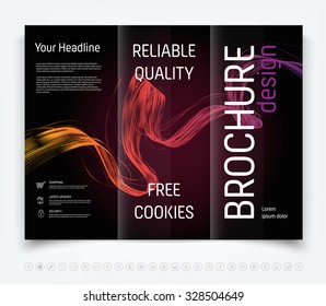 Vector modern tri-fold brochure design template with colorful dynamic freehand swirl on dark background