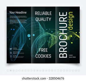 Vector modern tri-fold brochure design template with colorful dynamic freehand swirl on dark background