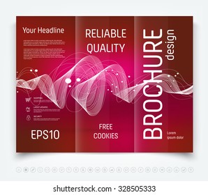 Vector modern tri-fold brochure design template with a freehand dynamic swirl on red blurred background