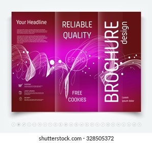 Vector modern tri-fold brochure design template with a freehand dynamic swirl on purple blurred background