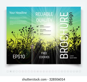 Vector modern tri-fold brochure design template with nature background. Plants silhouettes and sun