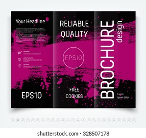 Vector modern tri-fold brochure design template with grungy purple paint brush stroke background on black