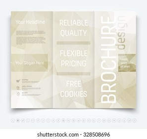 Vector modern tri-fold brochure design template with modern light beige geometric polygonal background