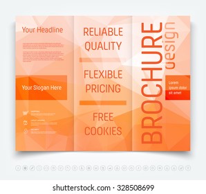 Vector modern tri-fold brochure design template with modern orange geometric polygonal background