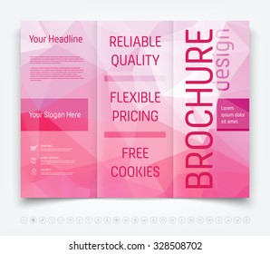 Vector modern tri-fold brochure design template with modern pink geometric polygonal background