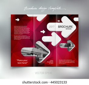 Vector modern tri-fold brochure design template with white rounded 3d arrows on bright polygonal geometric background