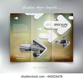 Vector modern tri-fold brochure design template with white rounded 3d arrows on blurred bokeh background