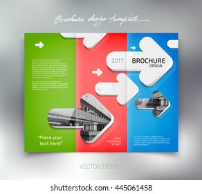 Vector modern tri-fold brochure design template with white rounded 3d arrows