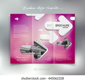 Vector modern tri-fold brochure design template with white rounded 3d arrows on soft colorful blurred bokeh background