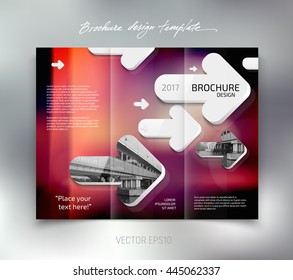 Vector modern tri-fold brochure design template with white rounded 3d arrows on soft colorful blurred bokeh background