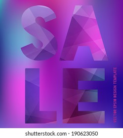 Vector modern typography poster / banner. Blurry purple bokeh background. Letters with trendy modern polygonal texture. Sale