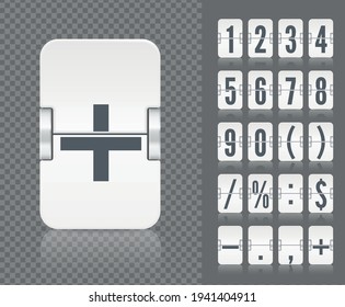 Vector modern ui design for old time meter or calendar with numbers and symbols. Retro design scoreboard clock template. White analog flip airport board for countdown timer on transoparent background.
