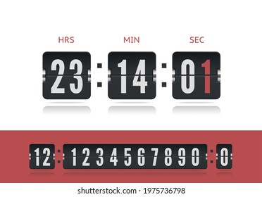 Vector modern ui design old countdown timer with numbers. Scoreboard number font. Coming soon web page design template of flip time counter with reflection on white background.